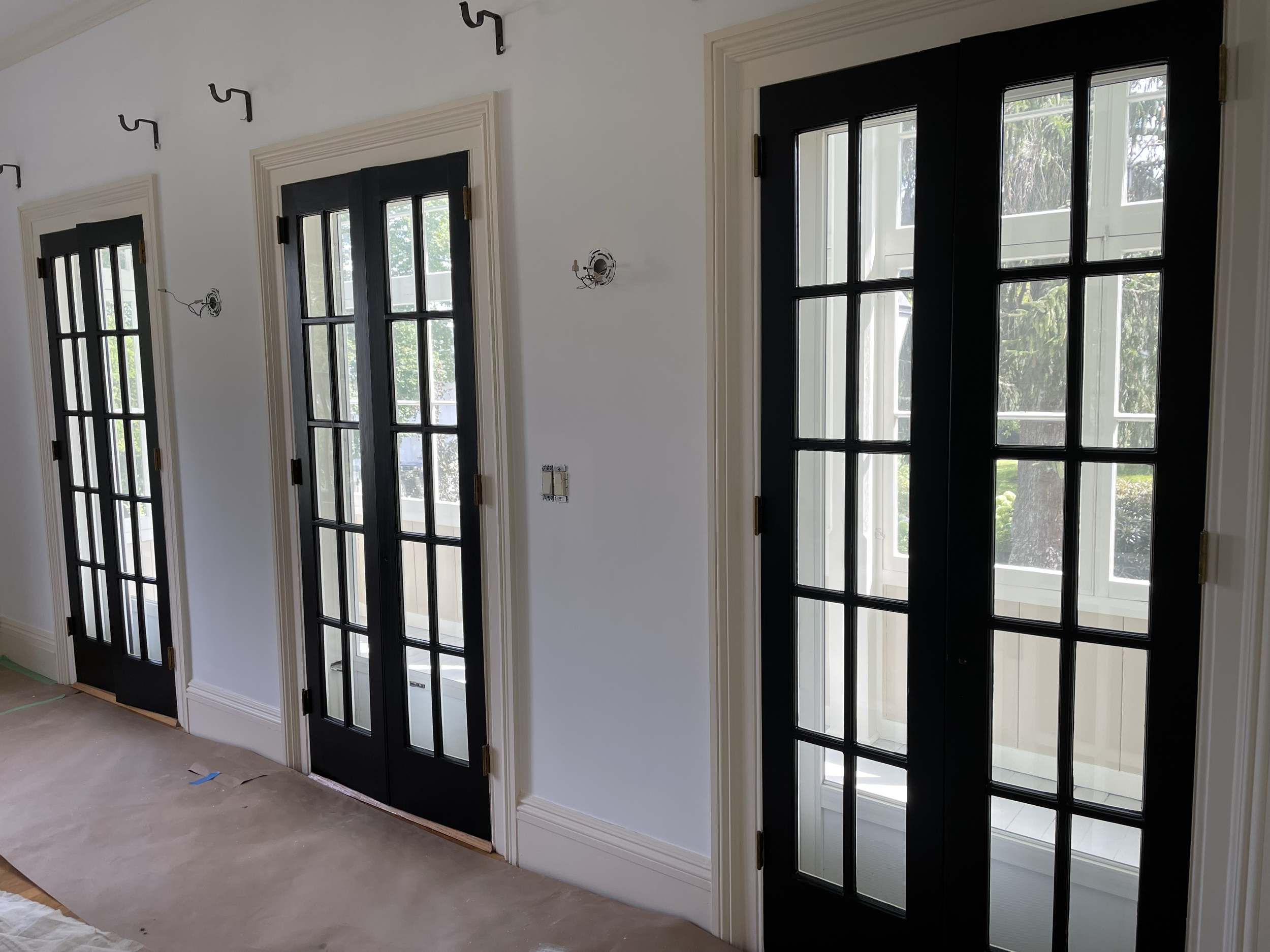 Interior view of a room with three black-framed glass doors and large windows, white trim and walls, and a concrete floor.