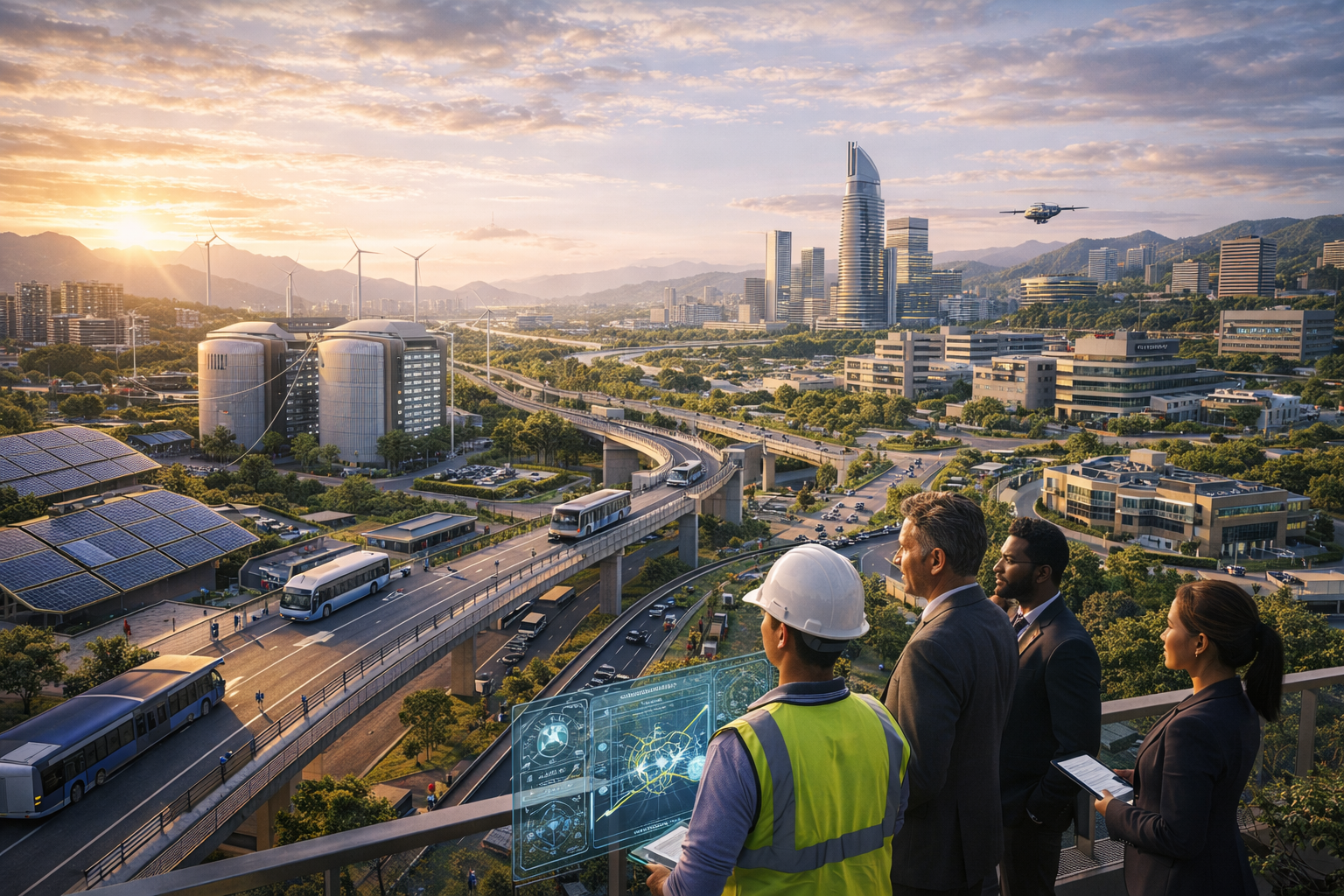 A group of professionals, including a construction worker and businesspeople, overlook a futuristic cityscape at sunset with tall buildings, solar panels, wind turbines, and a drone flying in the sky, as they review digital holographic data.