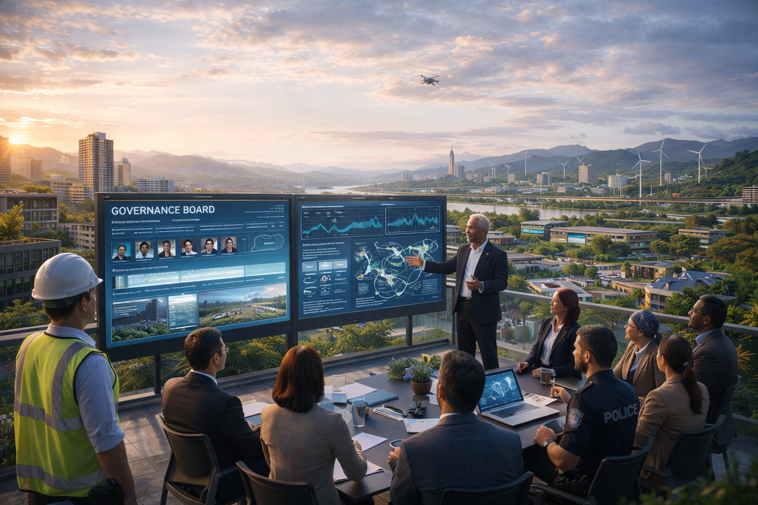 A group of business professionals and construction worker attending a meeting on a rooftop with large screens displaying data and maps, during sunset over a cityscape with mountains and wind turbines in the background.