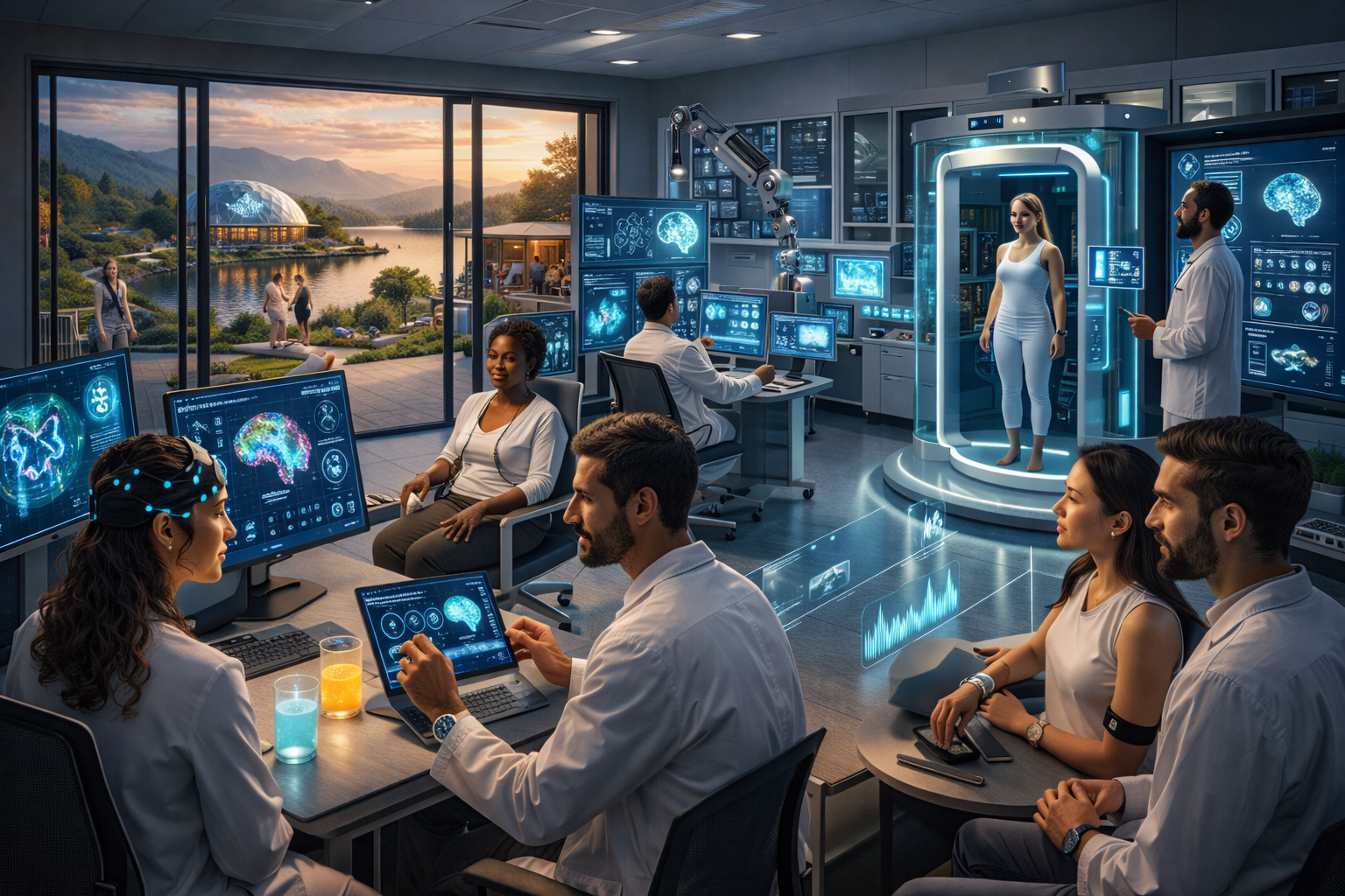 Scientists and researchers in a futuristic laboratory studying brain scans and artificial intelligence; a woman undergoing a brain scan in a high-tech chamber, with advanced computer screens displaying neural data; outdoor scene with a lake and mountains visible through large windows.