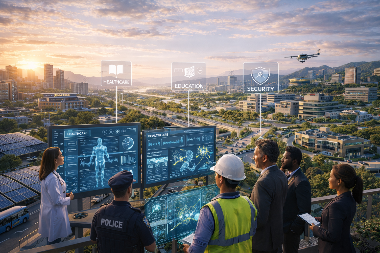 A group of professionals, including a doctor, police officer, construction worker, and businesspeople, observing holographic health data displays on a rooftop overlooking a city at sunset.