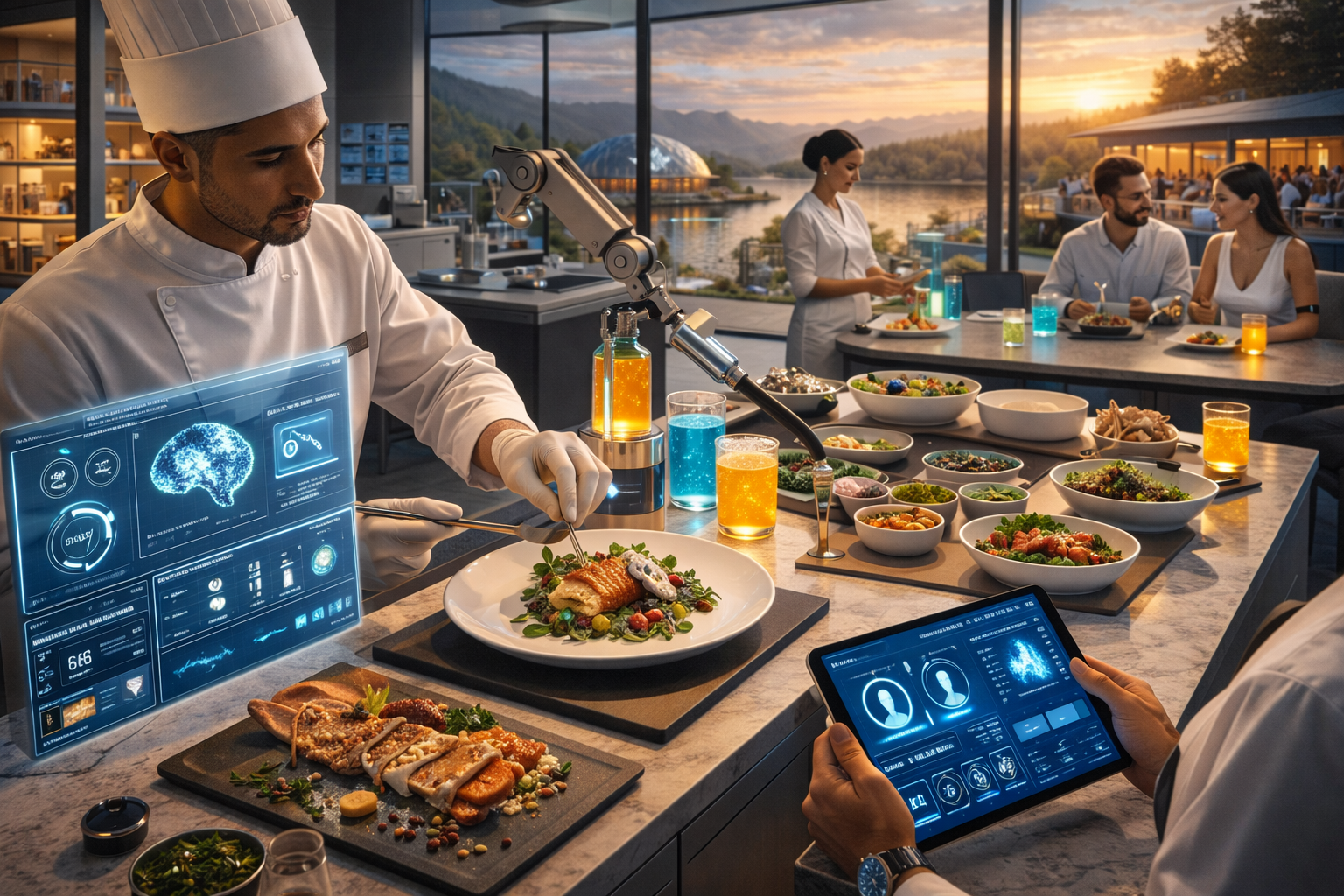 A futuristic restaurant with a chef using a robot arm to prepare food and customers dining while a staff member monitors with a digital tablet. The setting has a scenic view of mountains and a lake during sunset.