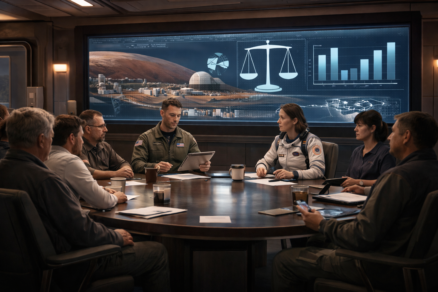 People in a space mission control room having a meeting with a large digital display showing space-related graphics, charts, and data.