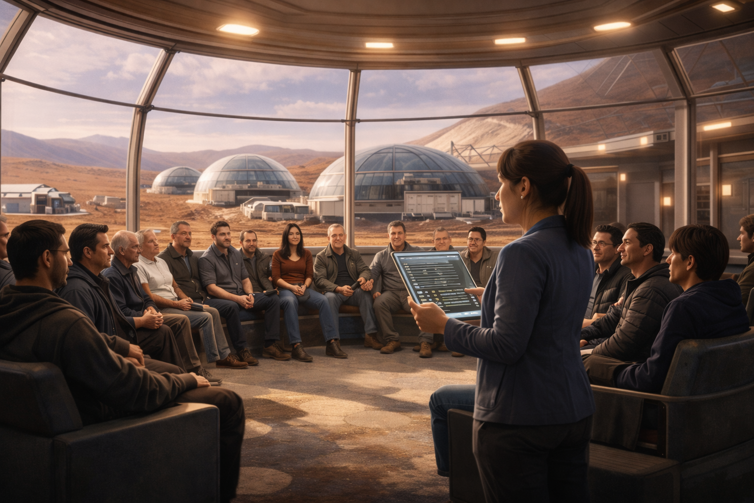 A woman in a blue blazer is holding a tablet and leading a meeting or presentation to a group of people seated in a semi-circle inside a room with a large window. Outside the window, a futuristic space colony with several glass-domed structures and mountainous terrain is visible.