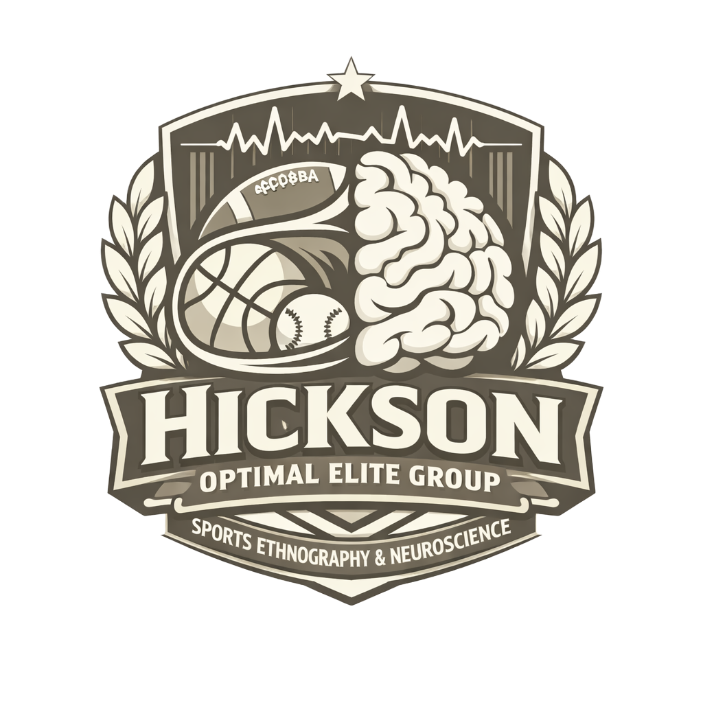 Logo for HICKSON, featuring a brain, a basketball, a baseball, and a football, with laurel branches and the text 'Sport Ethnography & Neuroscience'.