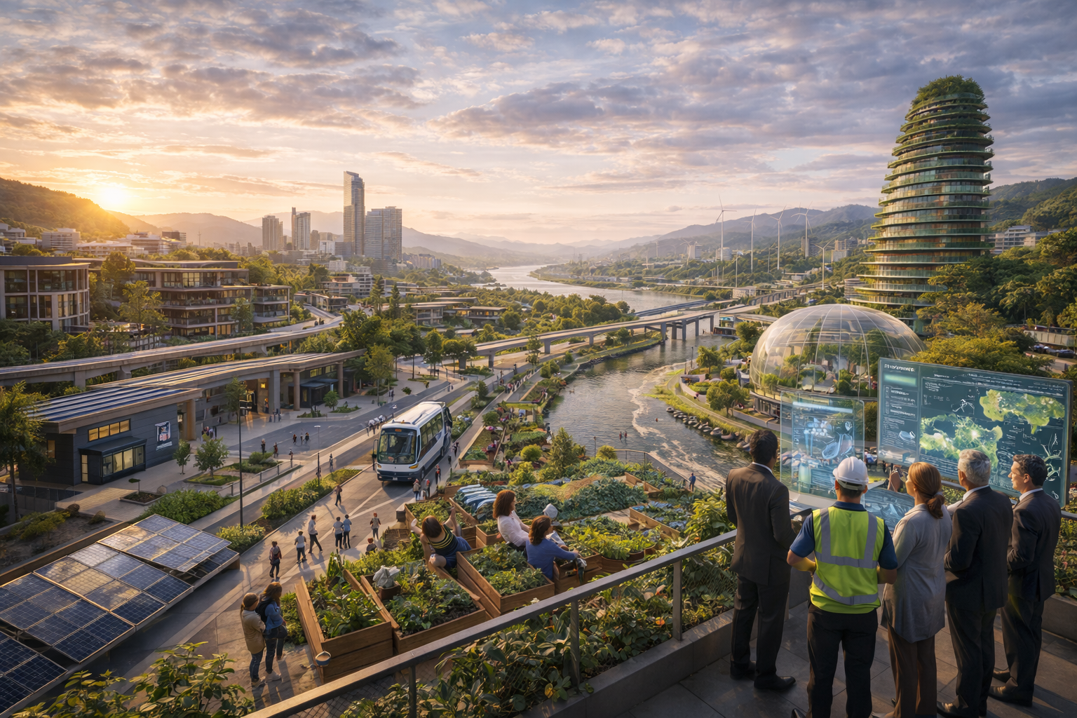 People viewing urban cityscape with greenery, a river, modern buildings, and wind turbines at sunset, with high-tech digital displays in the foreground.