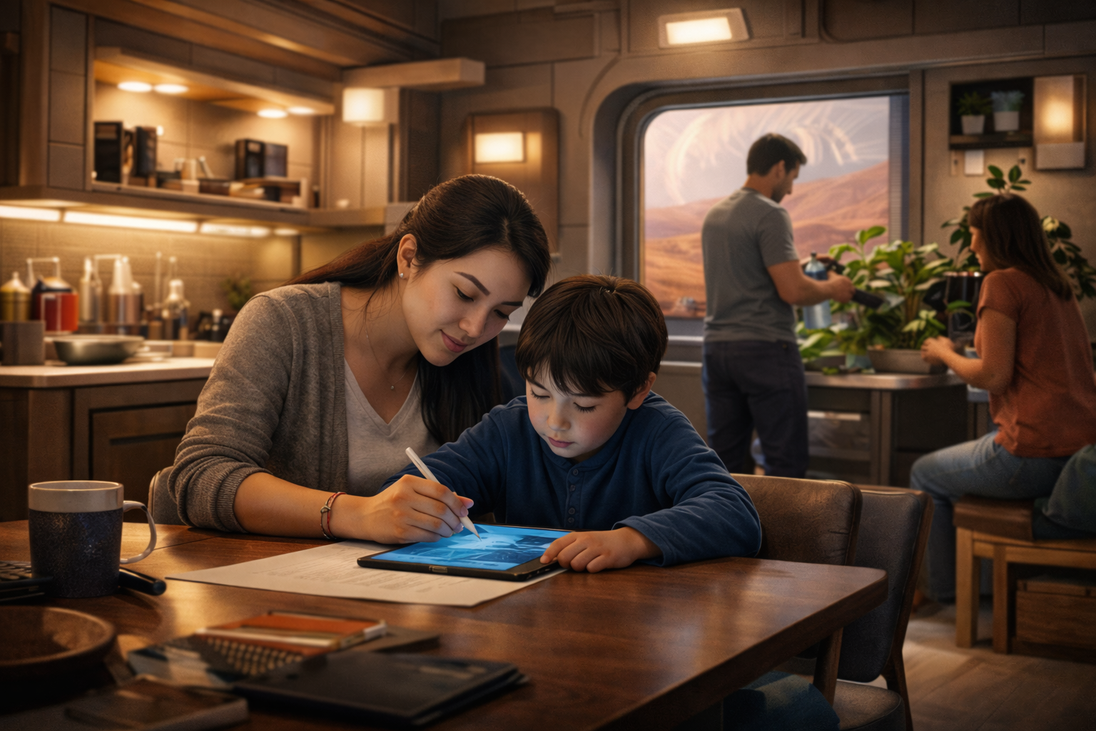 A woman and young boy sitting at a wooden table, working together on a digital tablet and a paper, with a coffee mug nearby. In the background, a man and a woman are preparing food in a cozy kitchen, with a window showing a scenic view of desert hills and a partly cloudy sky.