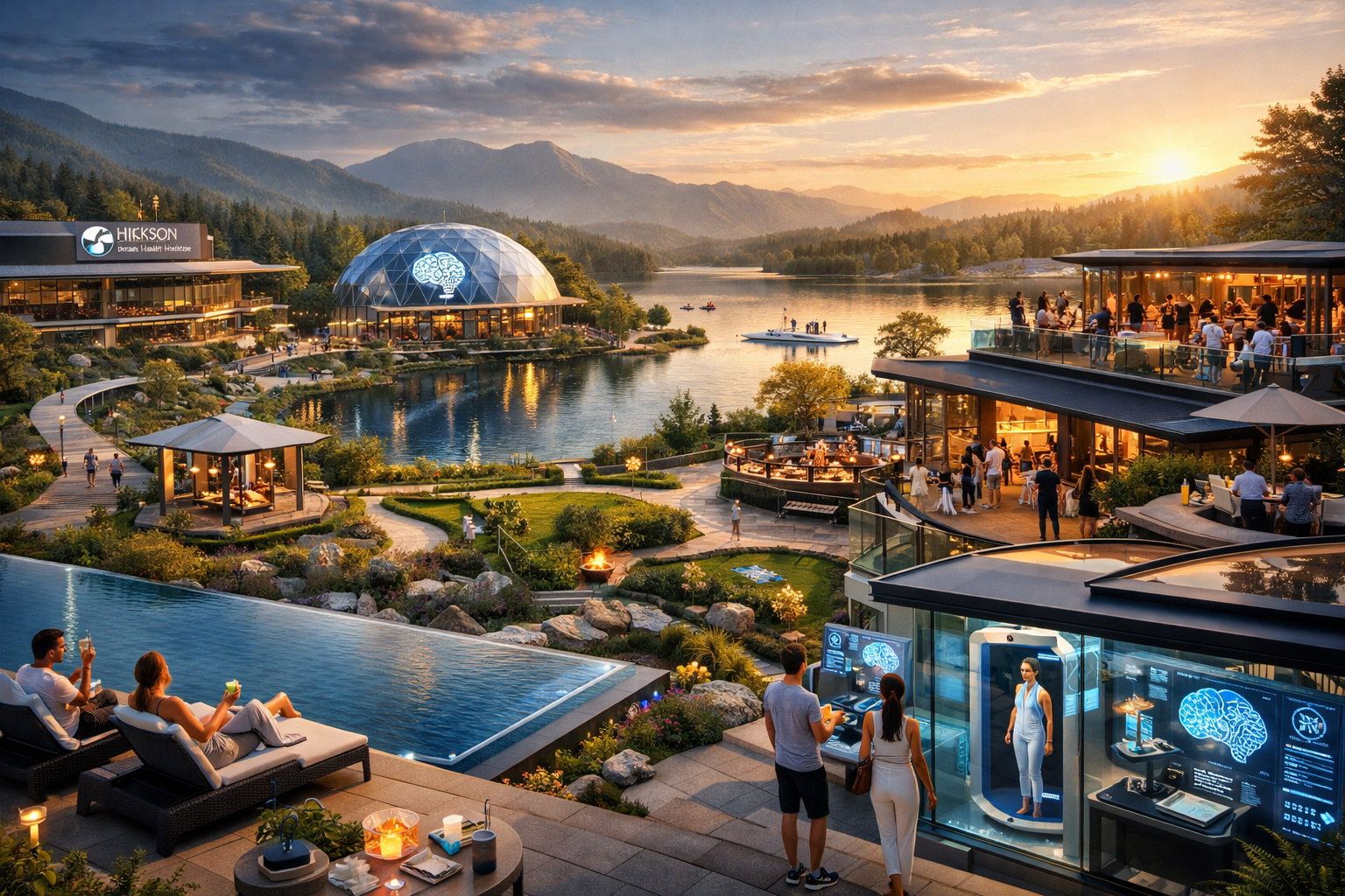 A futuristic lakeside resort at sunset with modern buildings, an observation dome, outdoor dining areas, a swimming pool, and people relaxing and socializing while enjoying scenic mountain views.