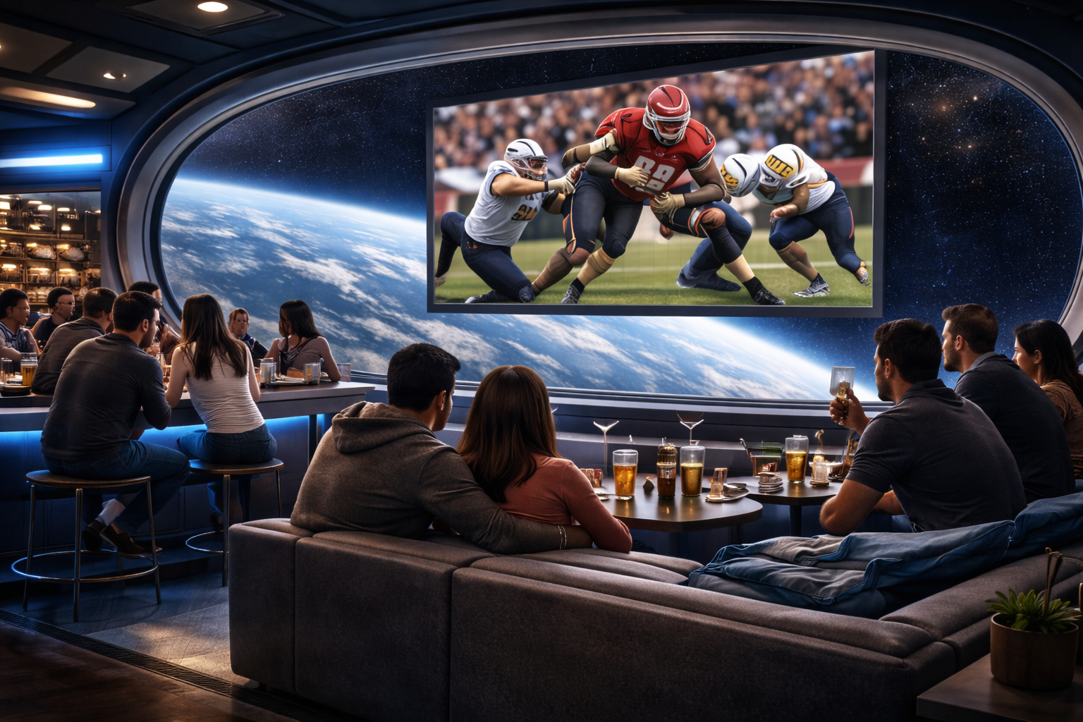 Group of people watching football game on a large screen in a space-themed lounge with Earth and stars visible through a window.