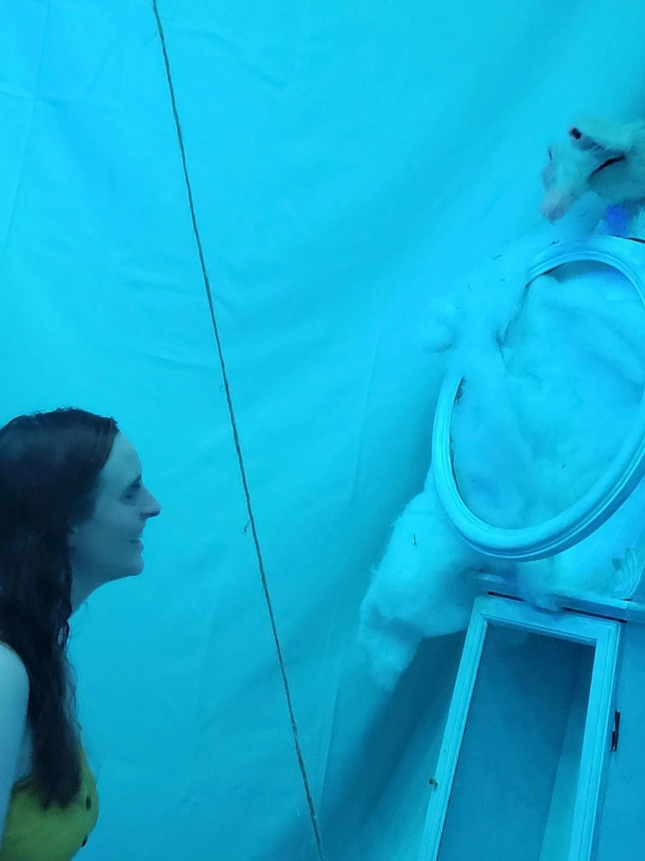 A woman with long dark hair and a green top smiling and looking at a puppet in an immersive environment