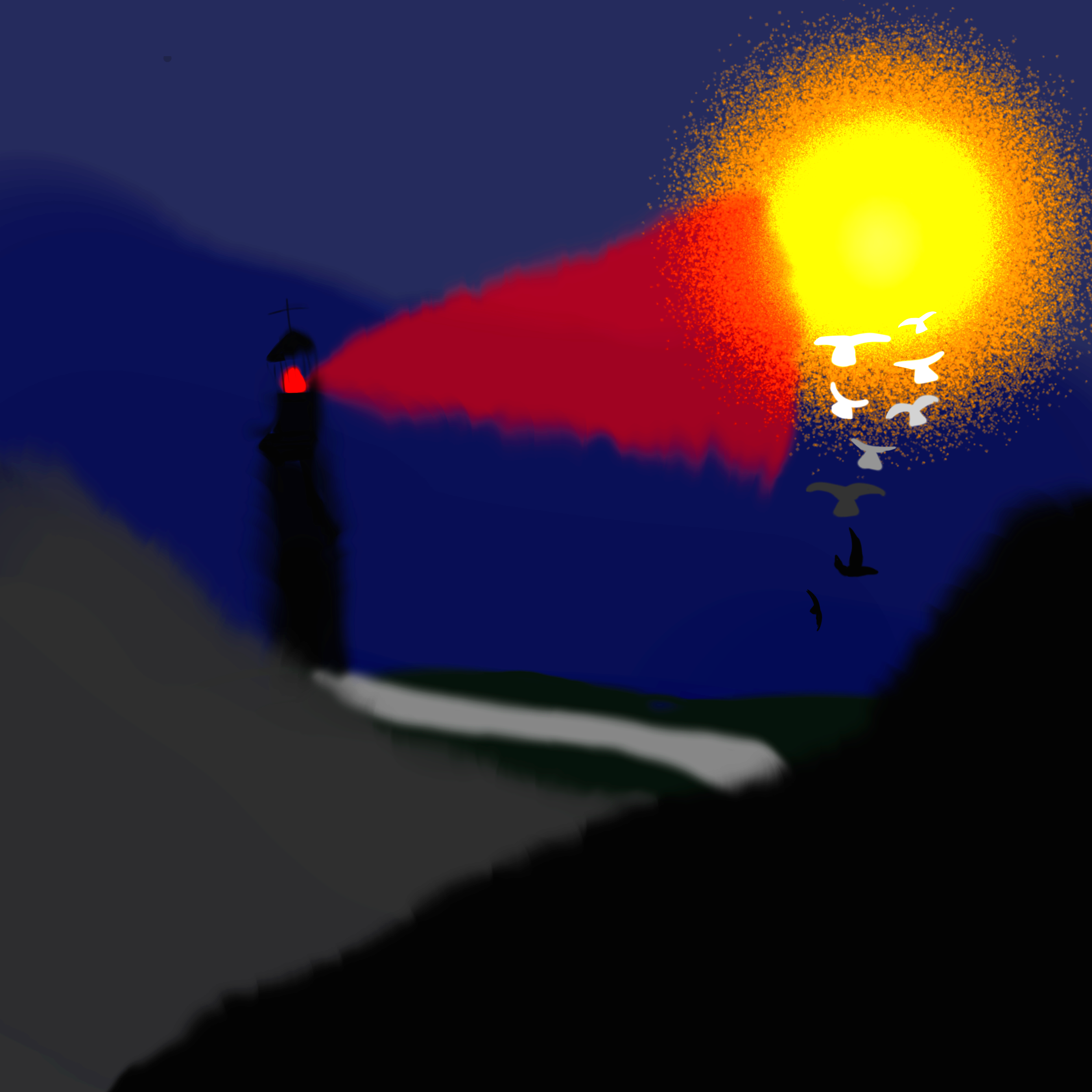 A silhouette of a lighthouse on a hill at sunset, with birds flying across a large yellow sun in a dark blue sky. The lighthouse emits a red light and a red beam.