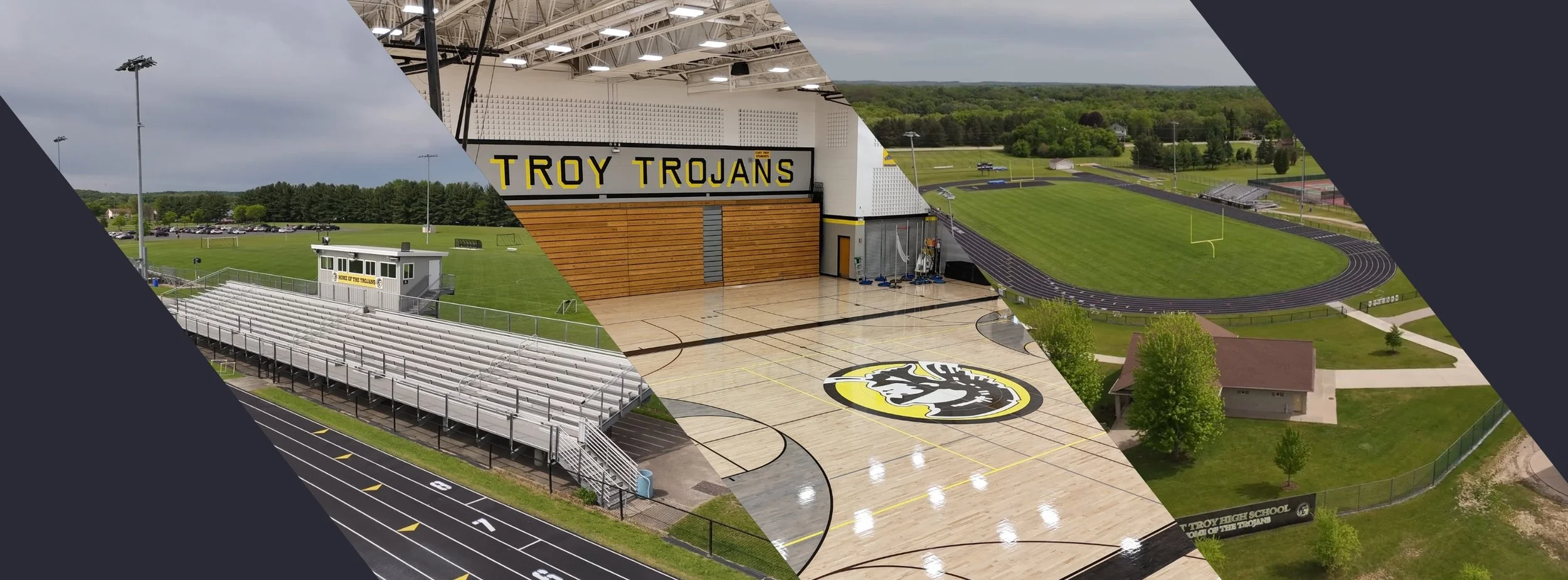 Collage of Troy High School athletic facilities, including the football field, running track, indoor gymnasium, and outdoor practice areas, with lush green trees and surrounding landscape.