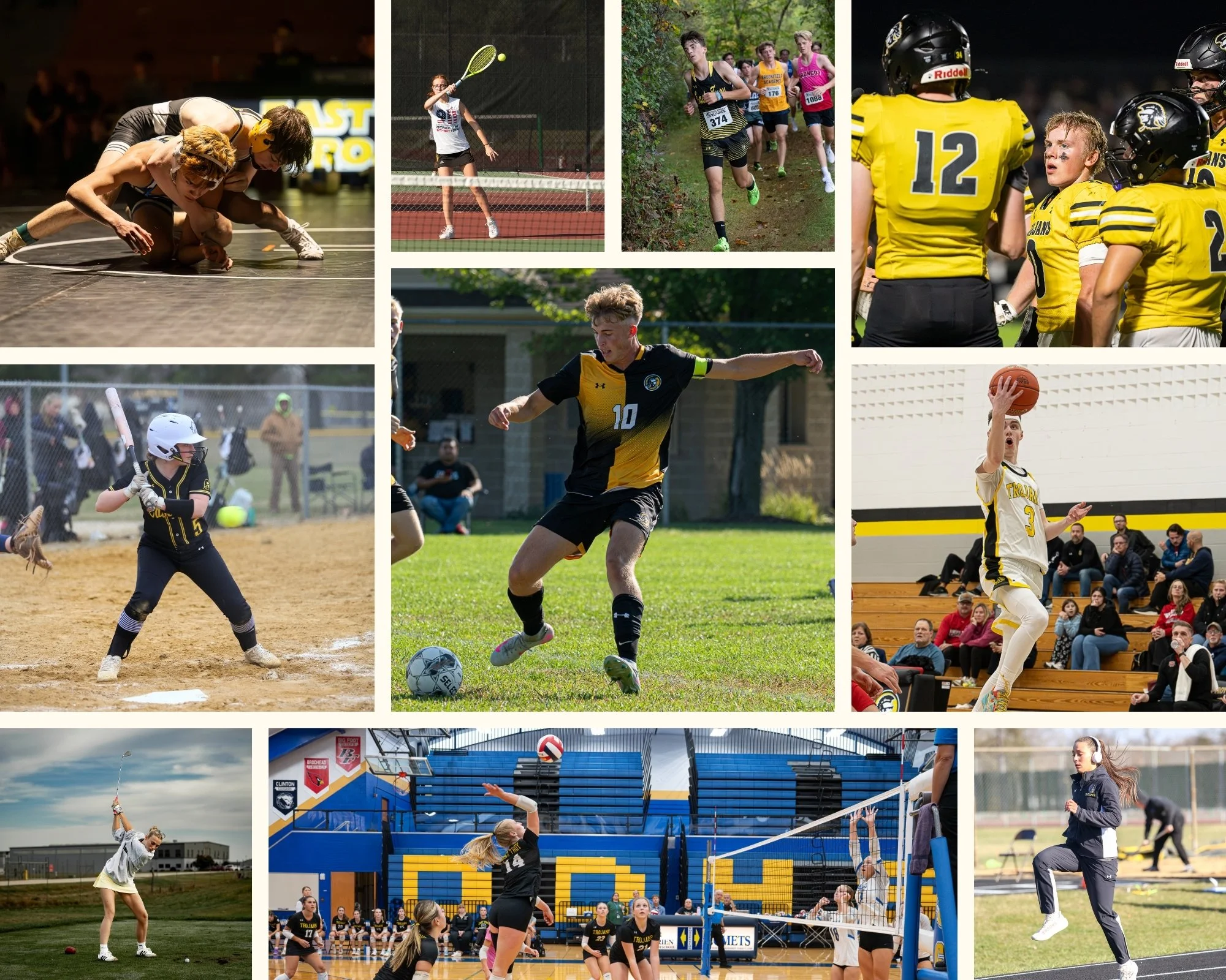 A collage of various sports activities including wrestling, tennis, cross-country running, football, softball, soccer, volleyball, golf, and basketball.