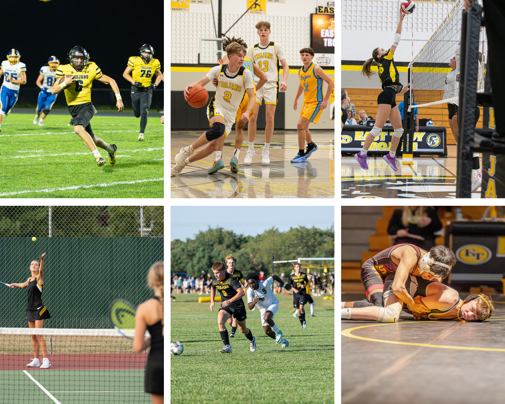 Collage of six youth sports images featuring football, basketball, volleyball, tennis, soccer, and wrestling.