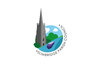 Logo of Slimbridge Parish Council featuring a church steeple, canal and surrounded by green trees and a blue sky