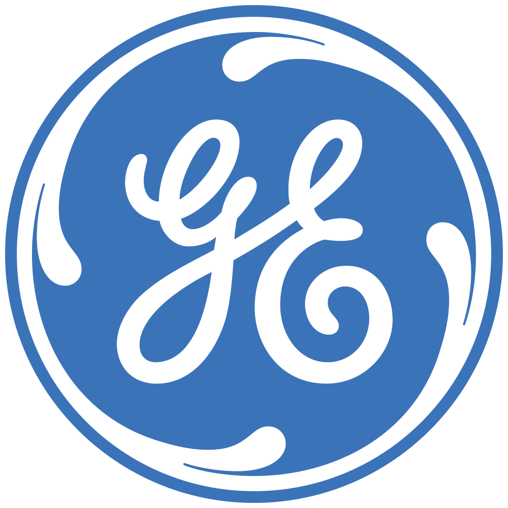 Blue circular logo with white script text that reads 'GE' in the center, surrounded by a white border with additional design element accents.