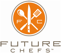 Logo for Future Chefs featuring a fork, spoon, knife, and spatula arranged in a circle with a temperature gauge in the center.