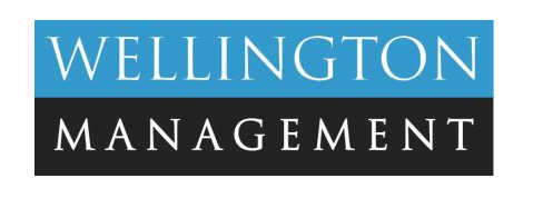 Logo of Wellington Management with a blue and black background and white text.