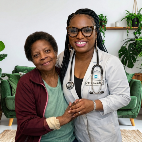 A healthcare professional in a white coat with a stethoscope, smiling and holding hands with an elderly woman, in a cozy living room with green plants and a green sofa.