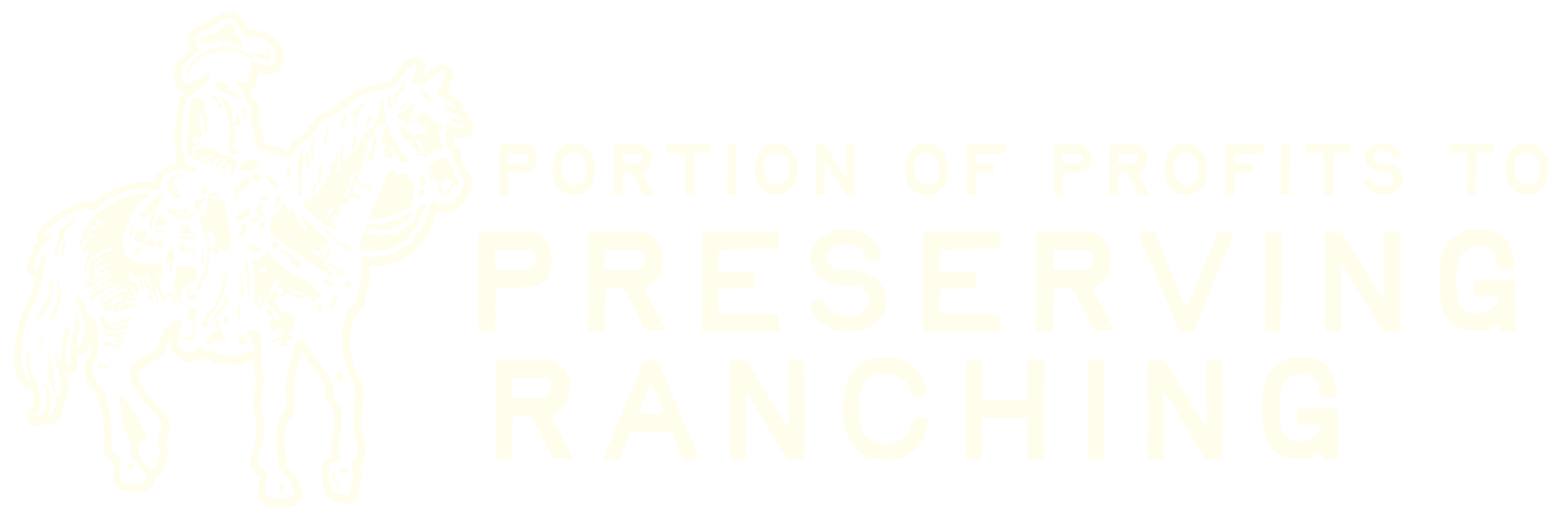 Logo for Preserving Ranching showing a cowboy on a horse, with the text 'Portion of profits to preserving ranching'.