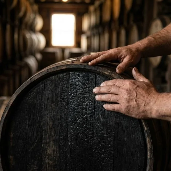 Tight close-up on the deep charring and wood texture of a new charred oak barrel head in a dimly lit distillery rackhouse, professional stock photo.