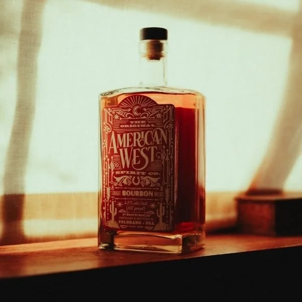 American West Straight Bourbon Whiskey bottle displayed