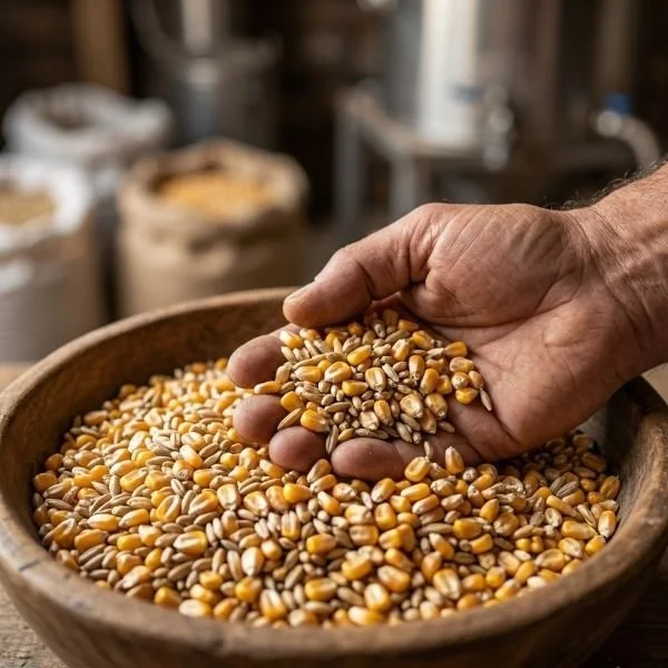Close-up on a distiller's hand scooping raw corn and grains from a wooden bowl in a rustic distillery environment, professional lifestyle stock photo.