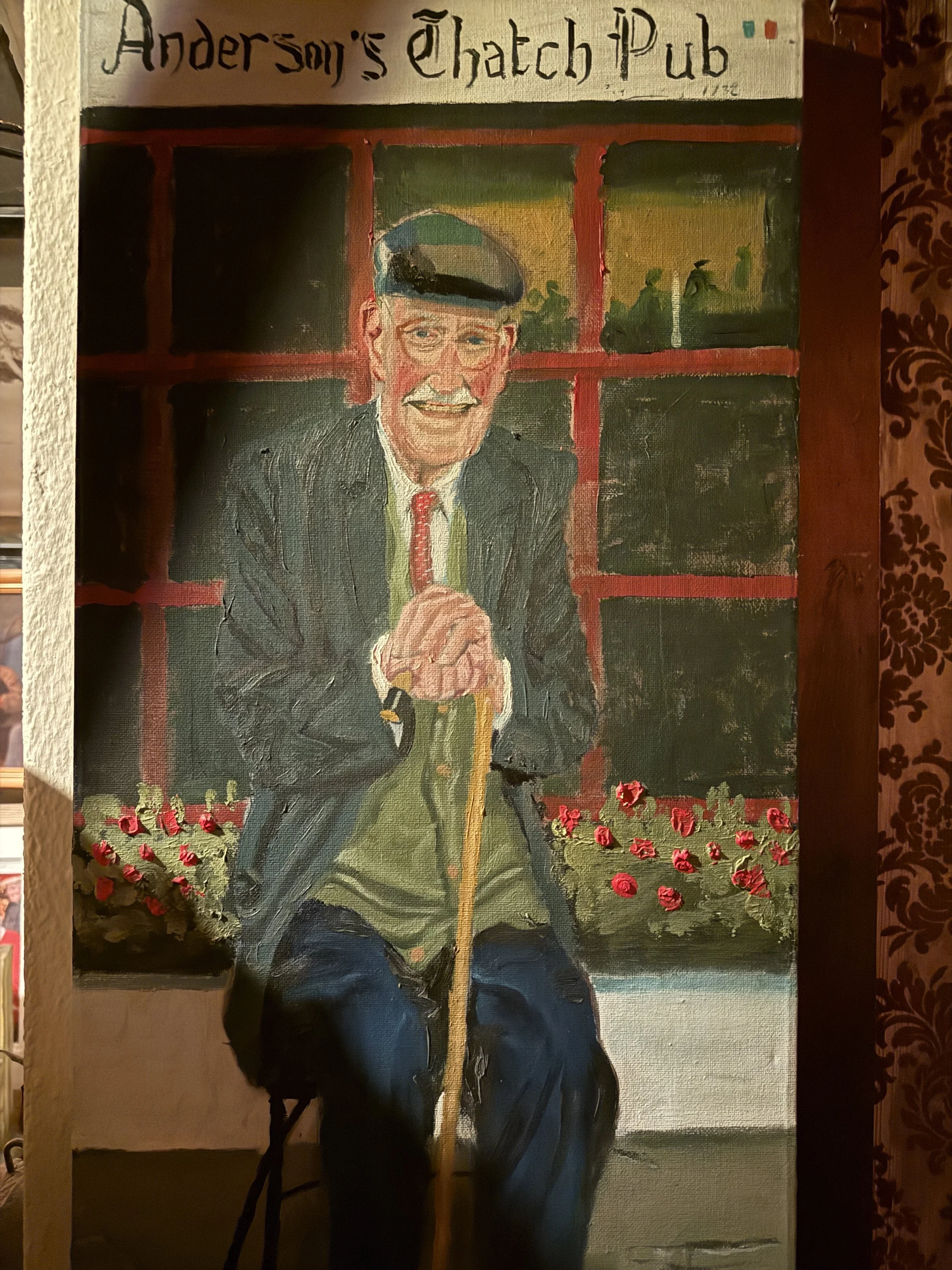 Painting of old man outside traditional irish pub