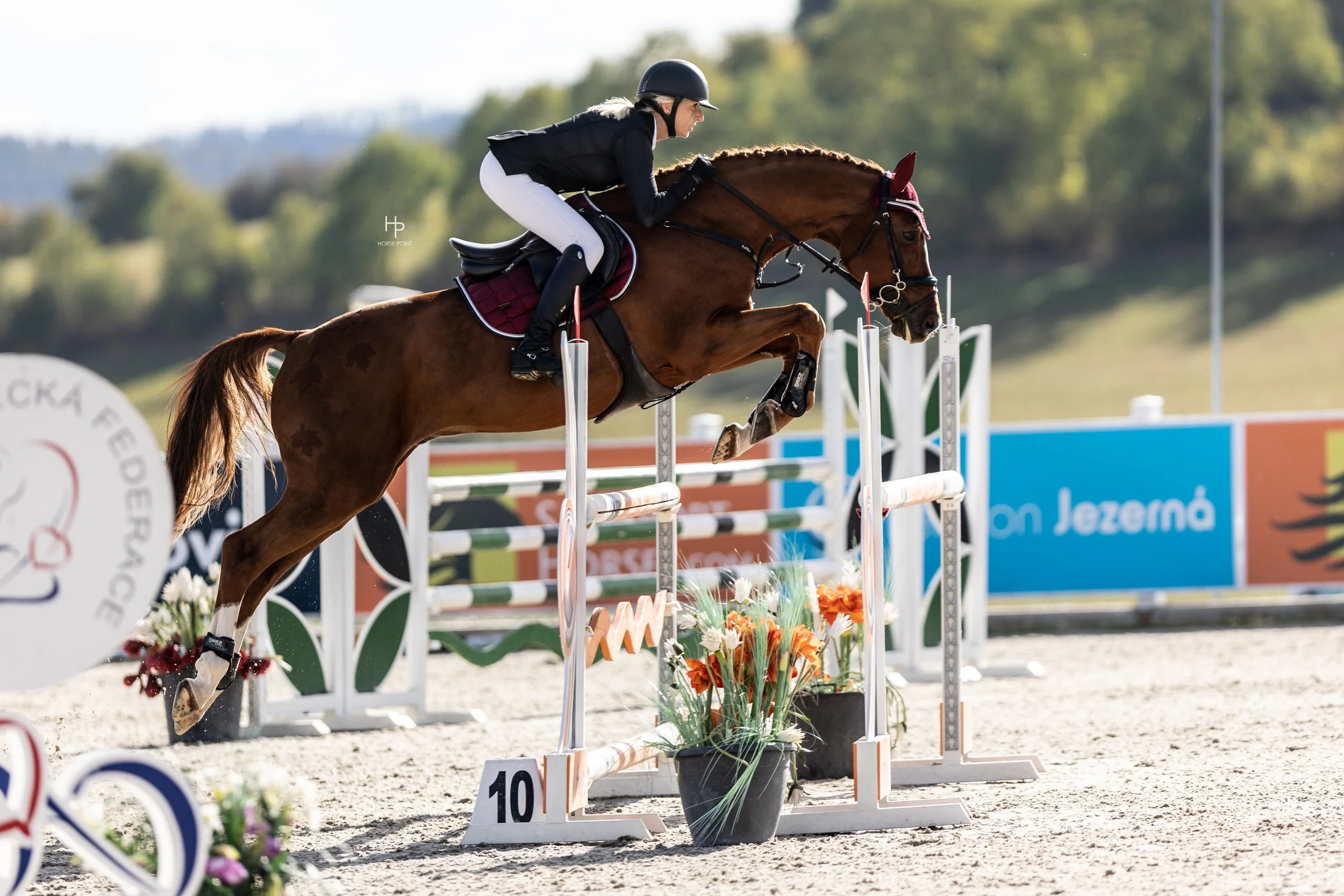 Jezdkyně na hnědém koni skáče přes překážku ozdobenou květinami během parkurové soutěže venku za slunečného dne, se stromy v pozadí.