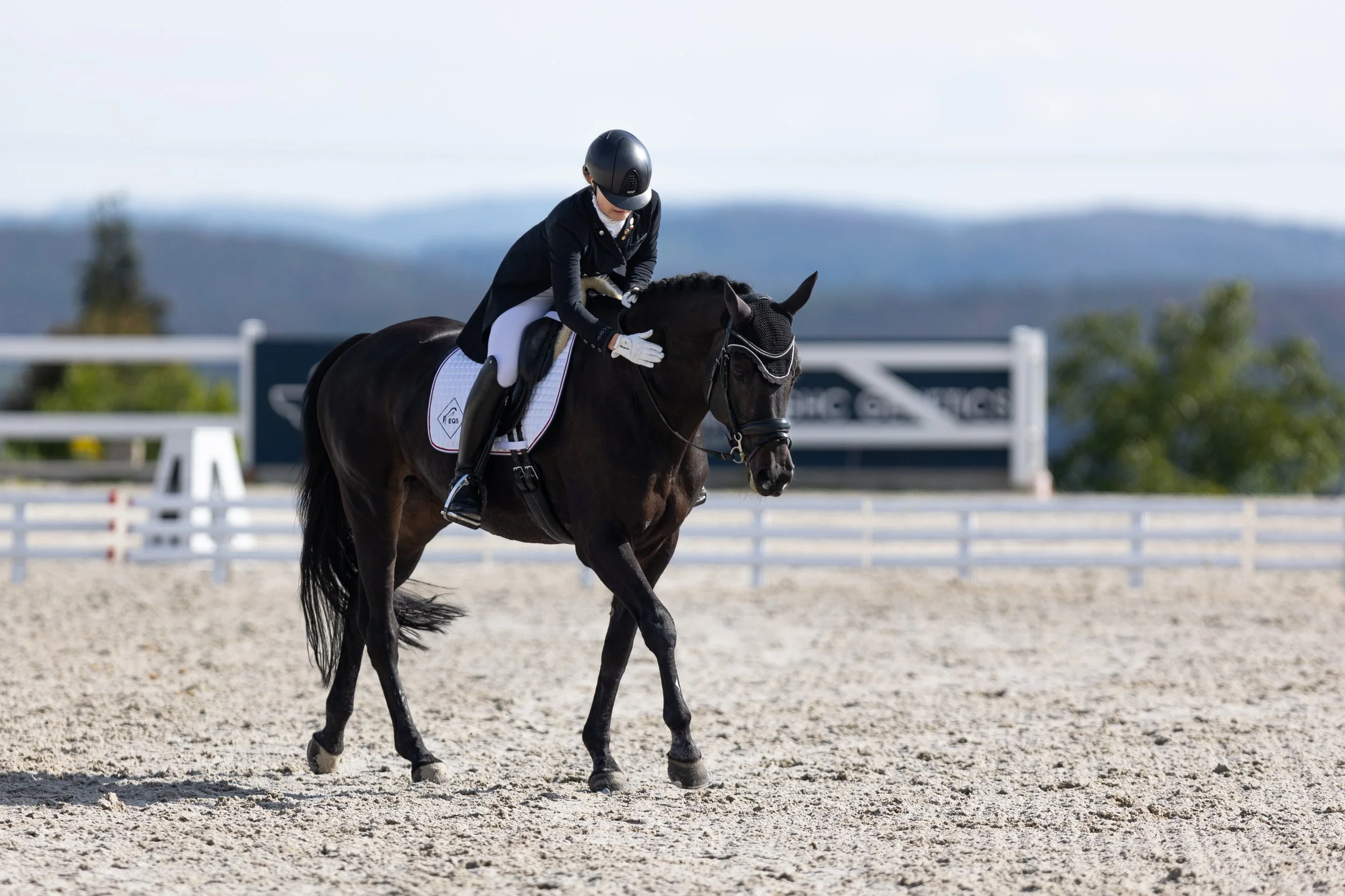 Osoba v jezdeckém oblečení se uklání na hřbetě černého koně ve venkovní jízdárně s bílým oplocením a rozostřenými stromy a kopci v pozadí.