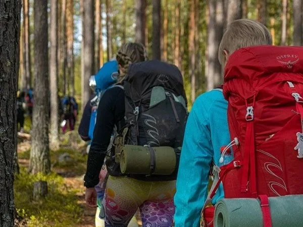 Ryhmäläiset vaeltaa metsässä, varustettuina reppujen ja makuupussien kanssa.