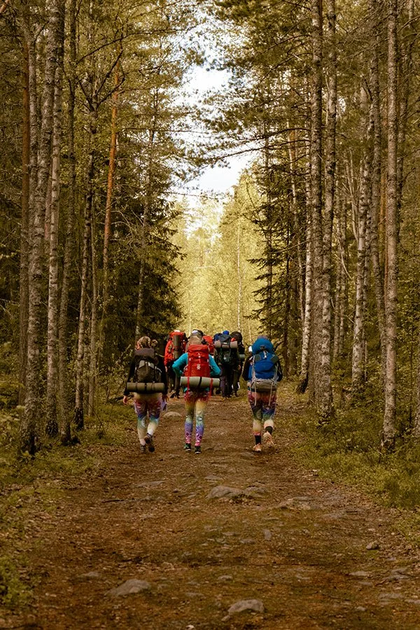 Ryhmä ihmisiä retkellä metsässä, kantavat rinkkoja.