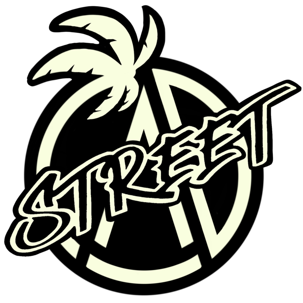 A black and white graphic logo with a palm tree,  the word "STREET" in stylized text and a circle resembling the word "CAD".