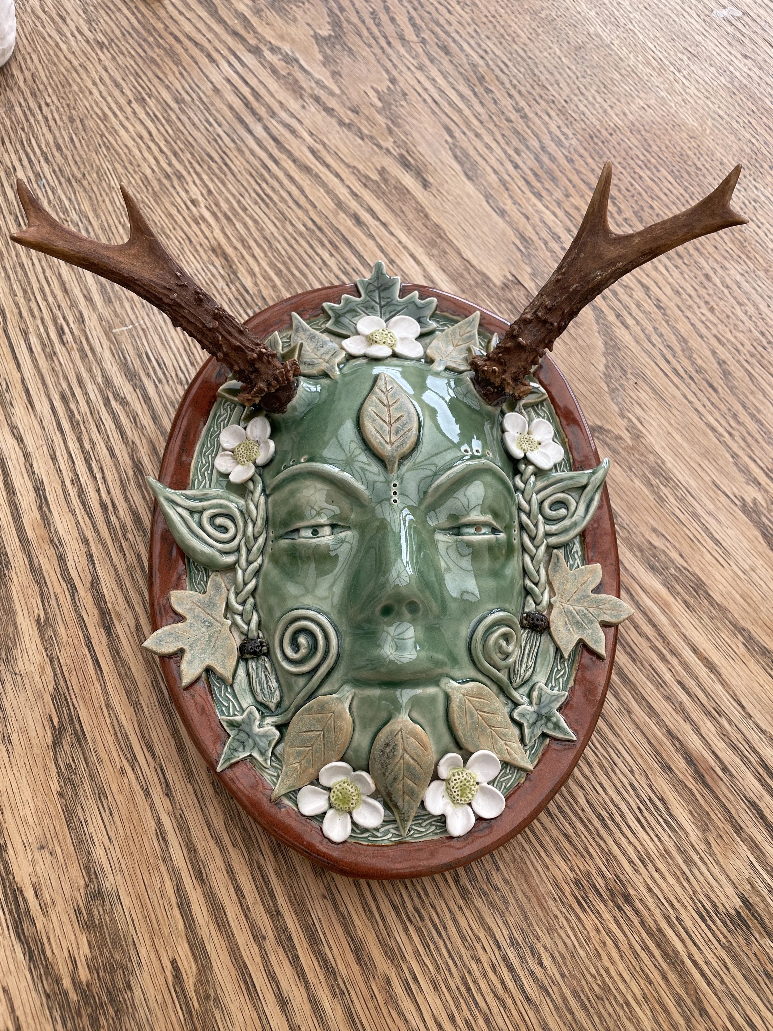 Handcrafted Stoneware Green Man Plaque – With Antlers