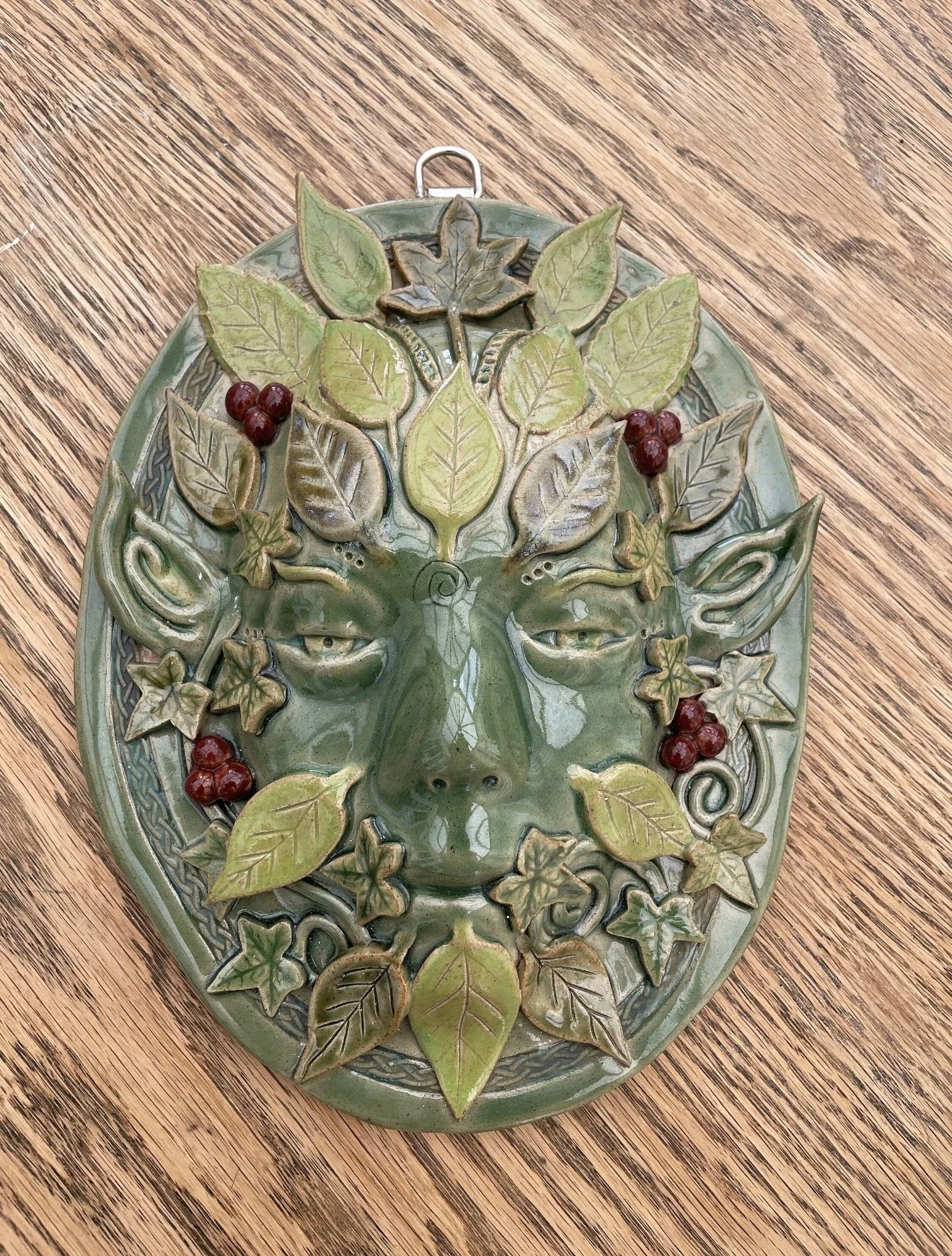 Handcrafted Stoneware Green Man - Celtic Elven Wall Art