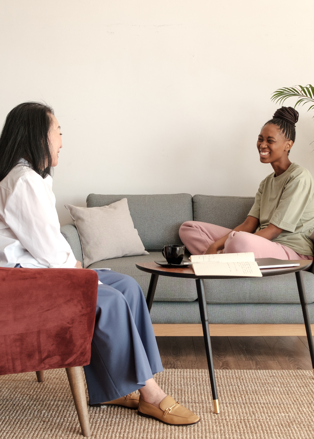 Two women engaging in a conversation in a cozy living room, sitting on a sofa and a chair, with a coffee table between them, a notebook, a cup, and a laptop on the table, and a potted plant nearby.