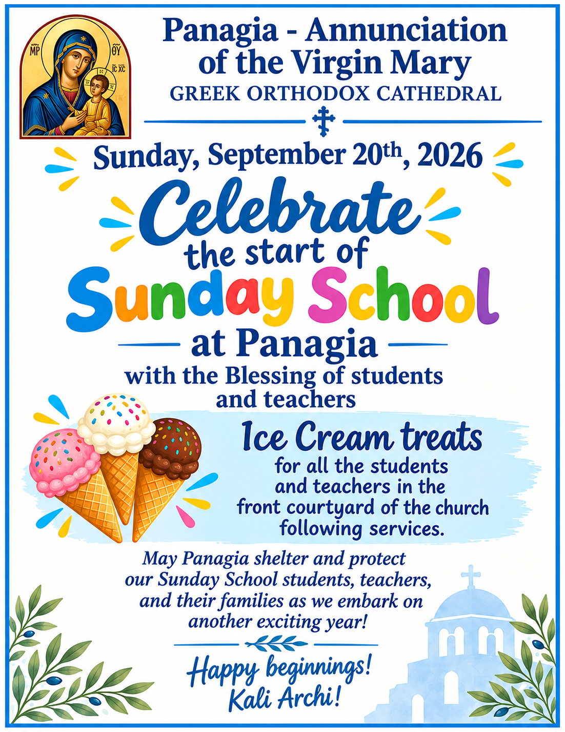Panagia Sunday School Classes Begin on Sunday September 20th