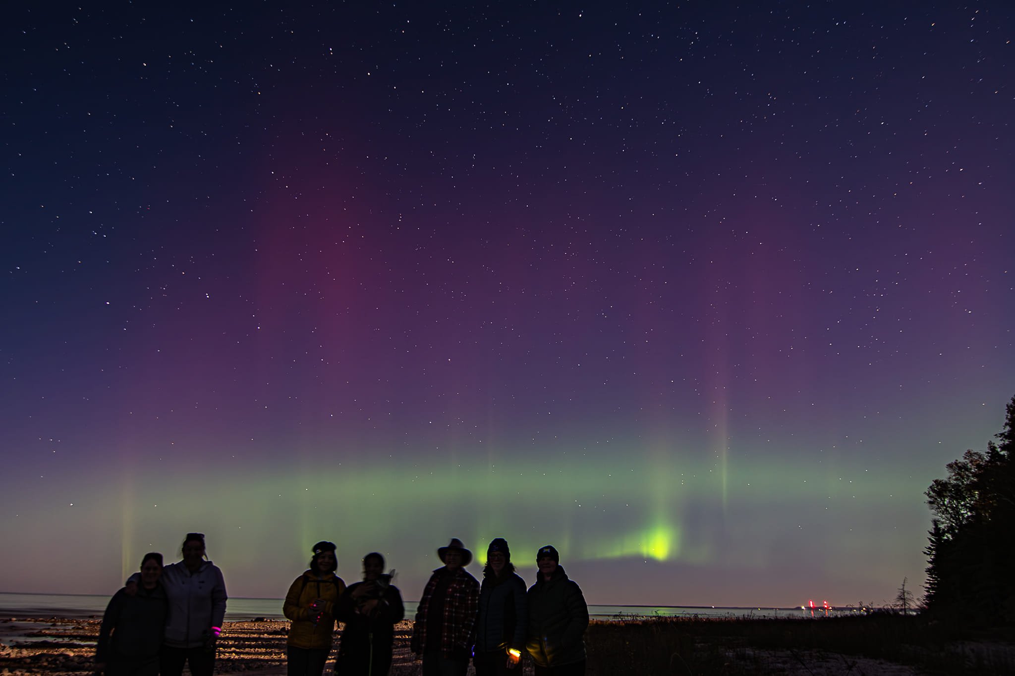 Group of six people standing outdoors at night with the northern lights and starry sky in the background.