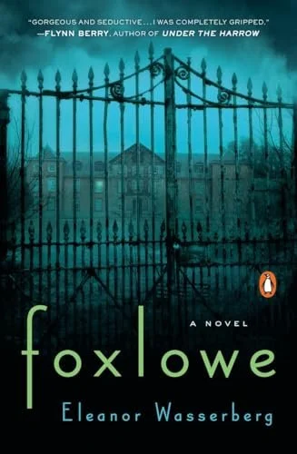 Book cover of 'Foxlowe' by Eleanor Wasserberg, featuring a dark, ominous gate in front of a large estate or mansion, with a blue and black color scheme.