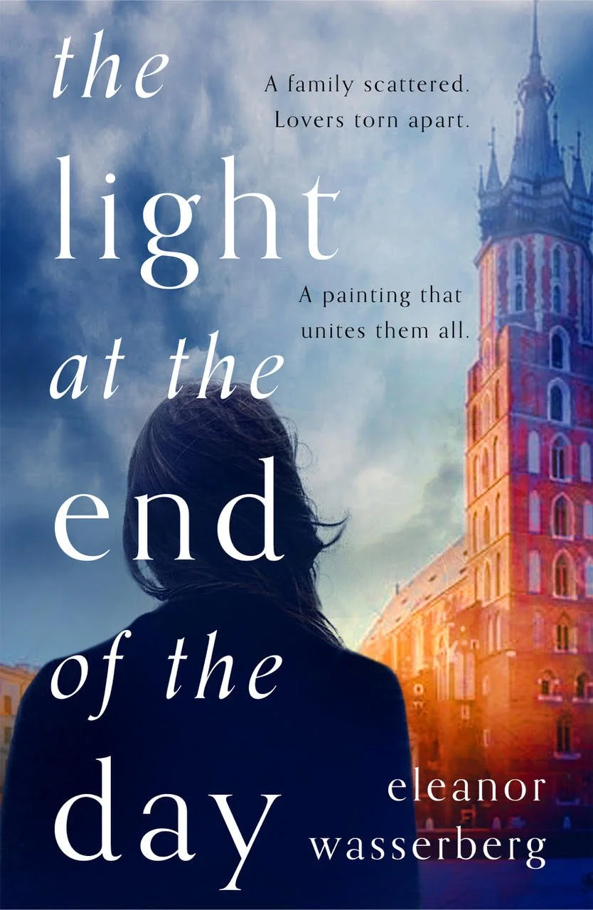 Book cover titled 'The Light at the End of the Day' by Eleanor Wasserberg, featuring a silhouette of a woman and a tall building with a tower against a cloudy sky.