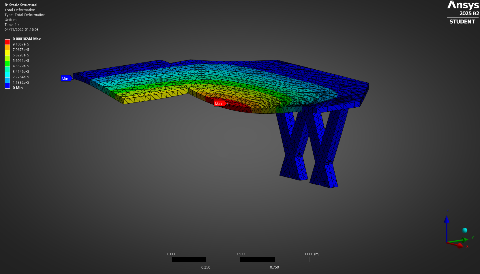 Simulation of Desktop with Legs to Vertical Force (Isometric View) - Deformation