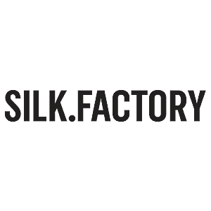 Silk Factory logo with a stylized shuttle and thread in black and gray