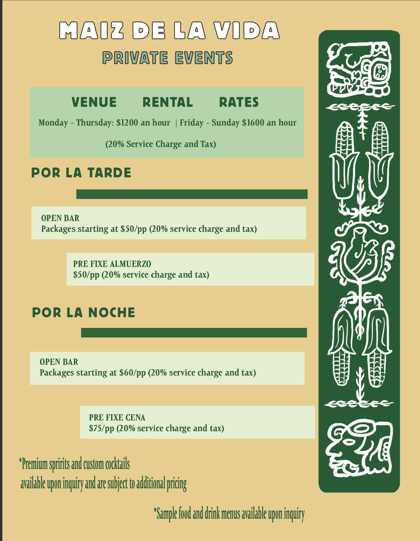 Menu for Maiz de la Vida private events, listing venue rental rates, and catering options for afternoon and evening events, with prices and service charges included.
