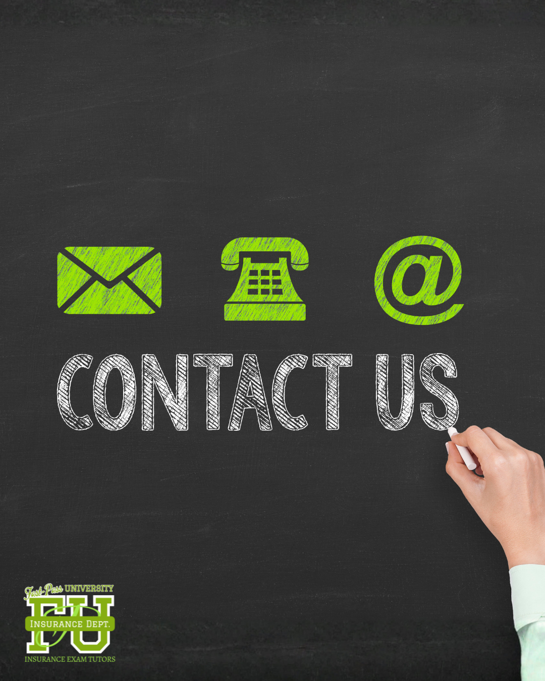 Chalkboard with green icons of an envelope, telephone, and at symbol above the words 'Contact Us' written in white chalk, with a hand holding chalk in the bottom right corner.