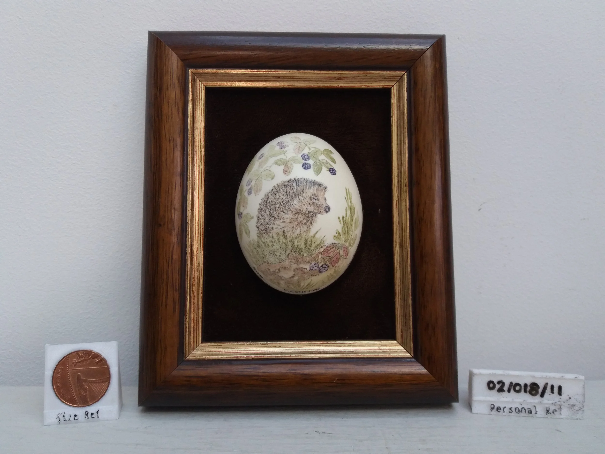 1980s | Hand-painted Framed Hedgehog Eggshell - Jan Smith