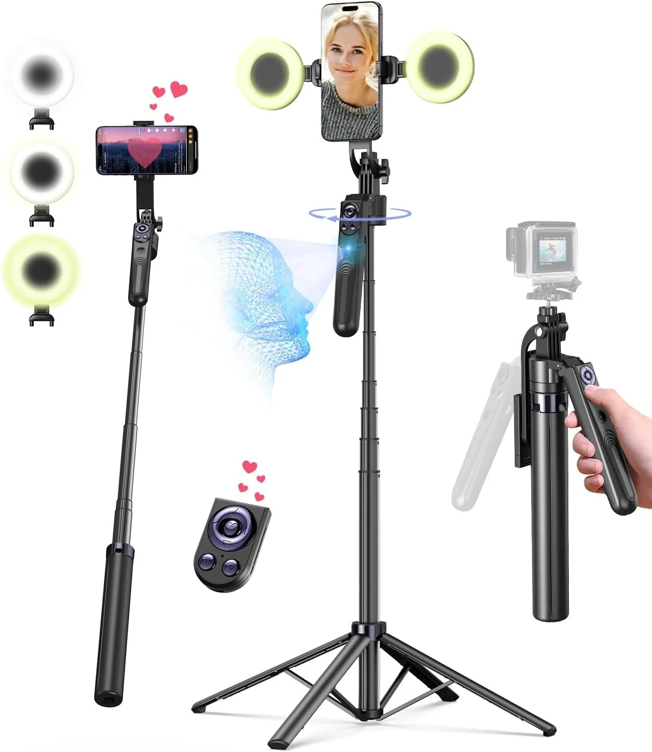 71” Auto Face Tracking Tripod for iPhone with Light,360° Rotating Phone Stand