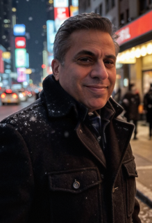 Man in black coat with snow on shoulder standing on city street at night with bright neon signs