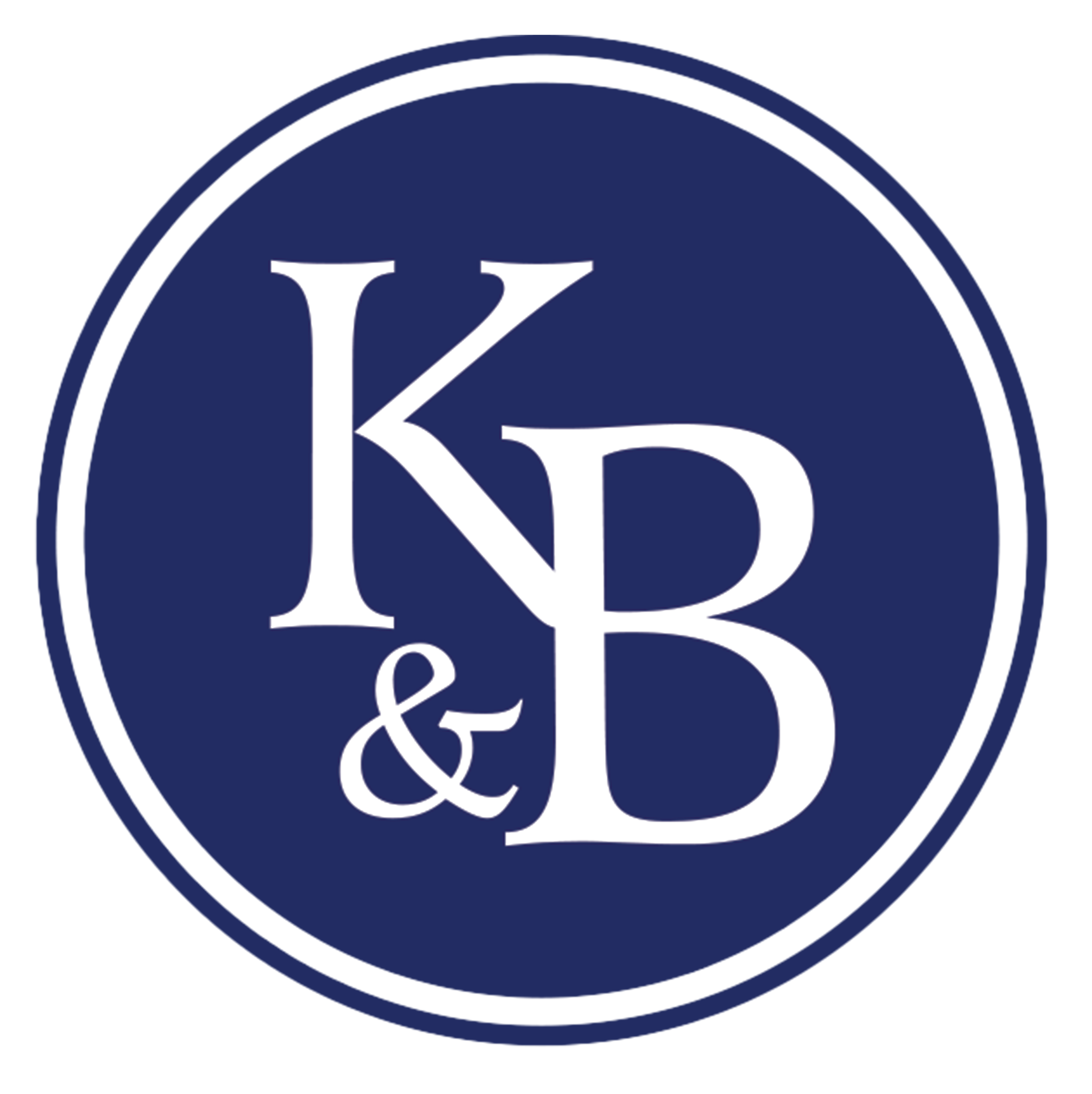 Logo with navy blue background featuring large white letters 'K', 'B', and a white ampersand.
