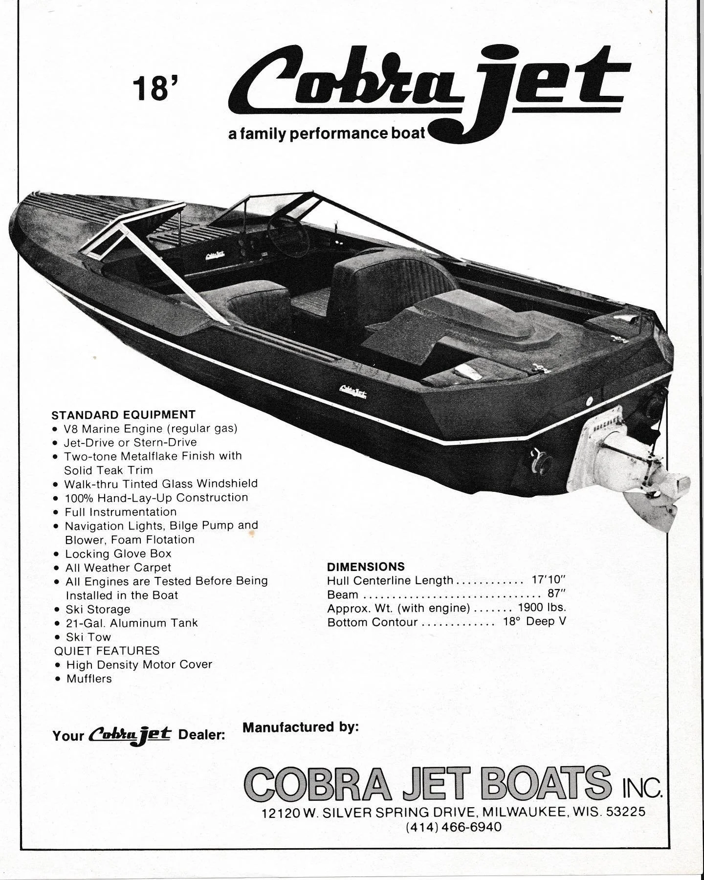 Black and white advertisement for the Cobra jet, an 18-foot family performance boat, with a photo of the boat showing the interior and outboard motor, and a list of standard equipment, dimensions, and features.
