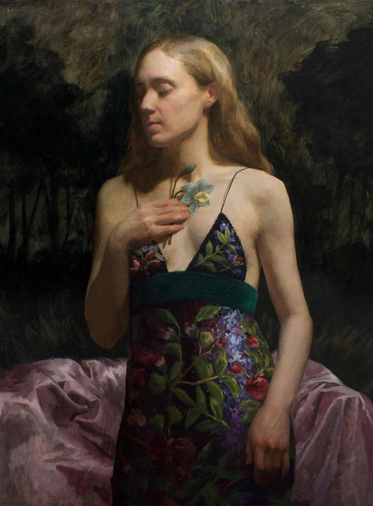 A realistic painting of a young woman with long, light brown hair, wearing a floral dress with thin straps, holding a flower close to her chest, with a dark background and a pink bedspread.